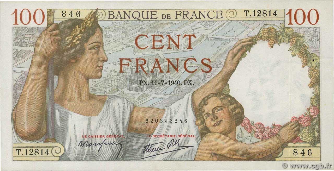 100 Francs SULLY FRANCE  1940 F.26.33 VF+
