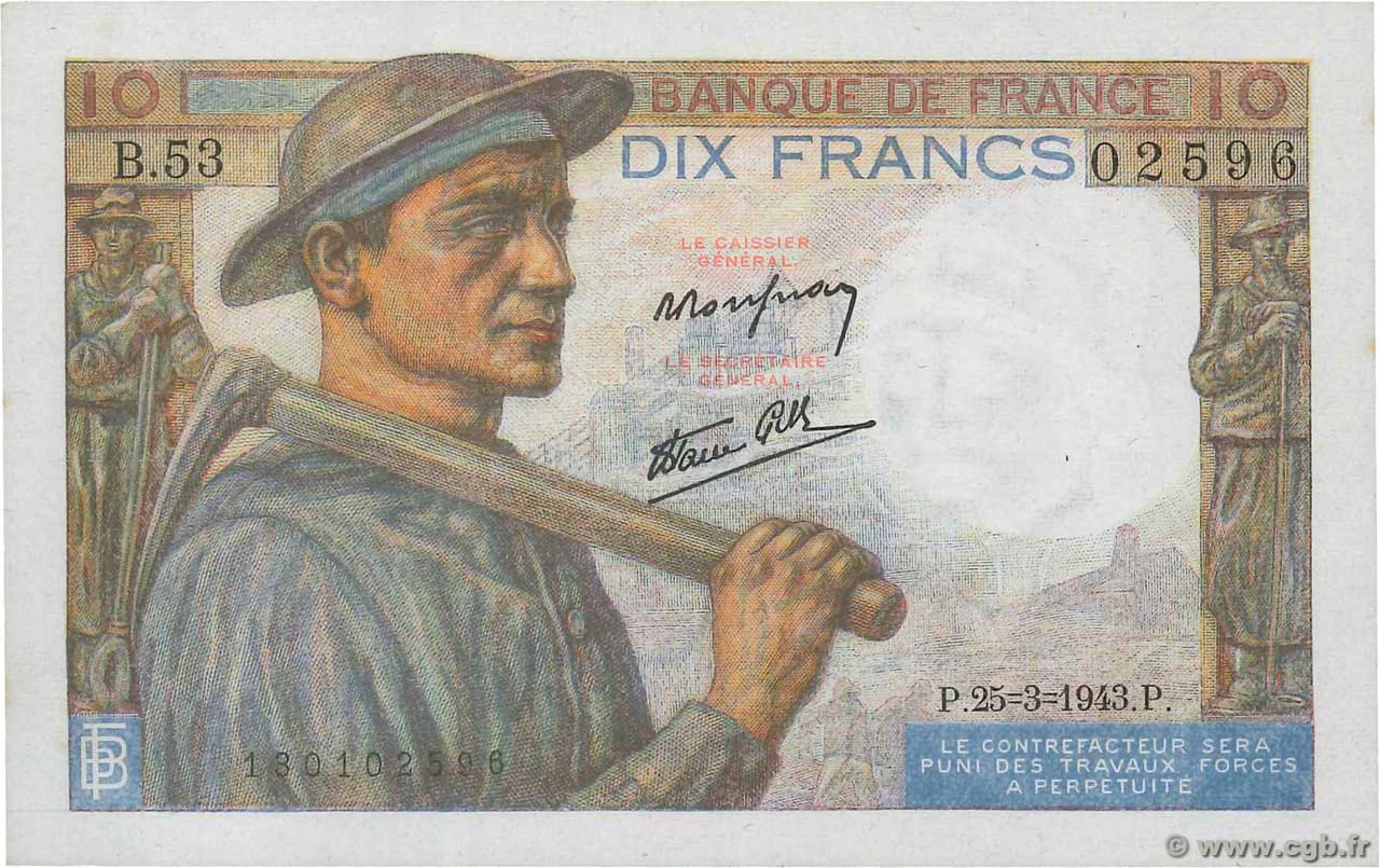 10 Francs MINEUR FRANCE  1943 F.08.08 SPL+