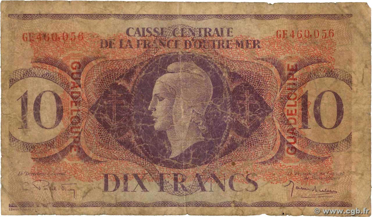 10 Francs GUADELOUPE  1944 P.27a P