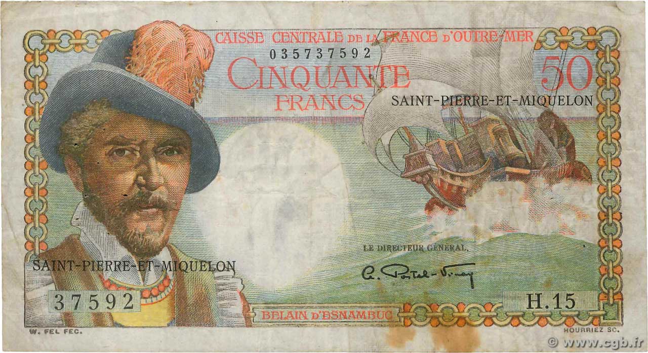 50 Francs Belain d Esnambuc SAN PEDRO Y MIGUELóN  1946 P.25 RC+
