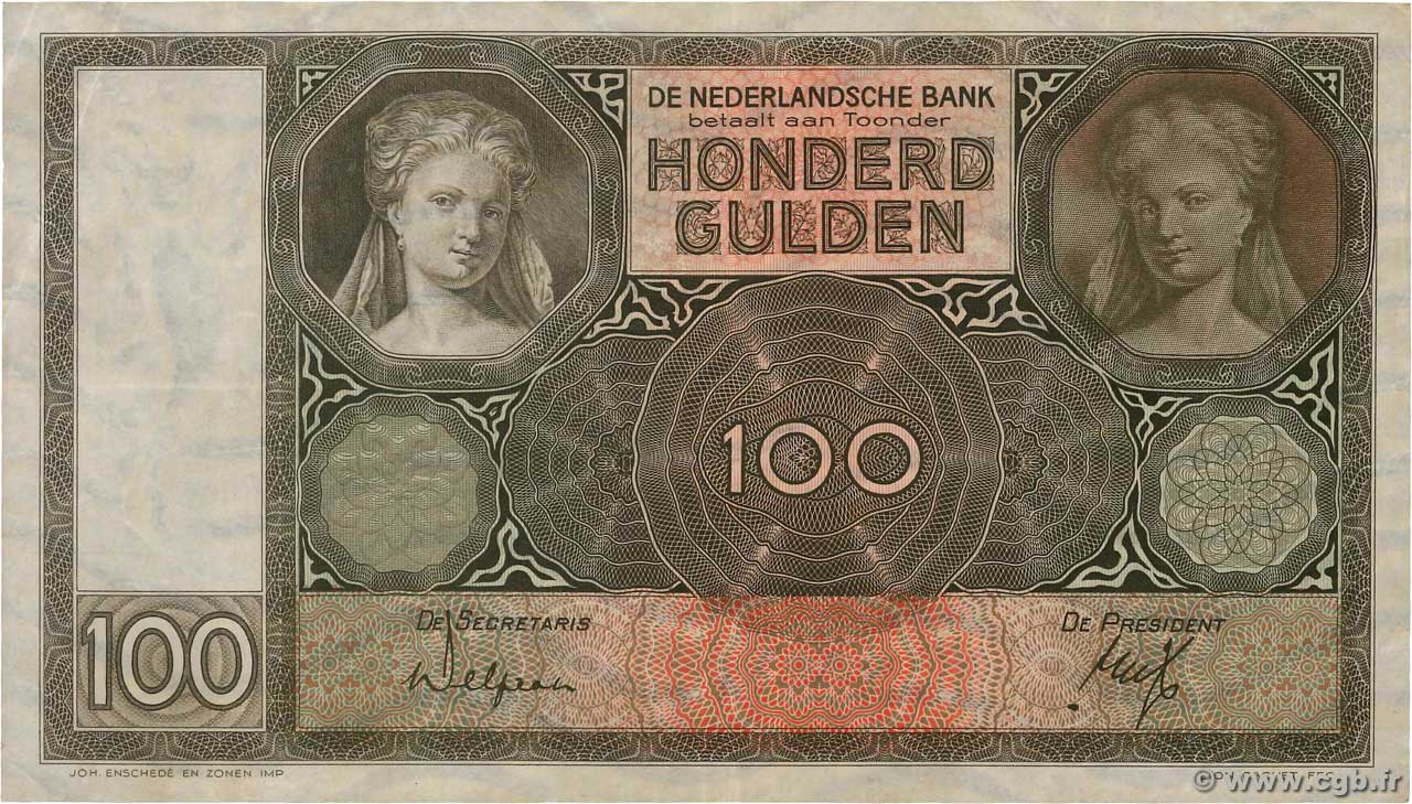 100 Gulden NETHERLANDS  1939 P.051a VF