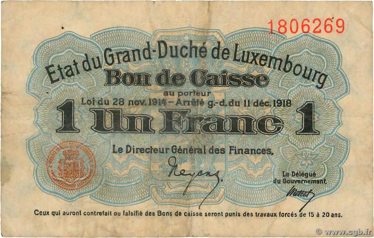 1 Franc LUXEMBOURG  1919 P.27 B+