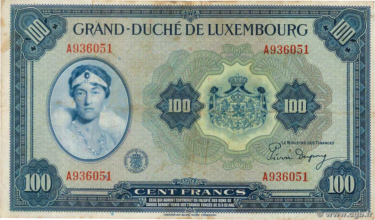 100 Francs LUXEMBOURG  1944 P.47a F+