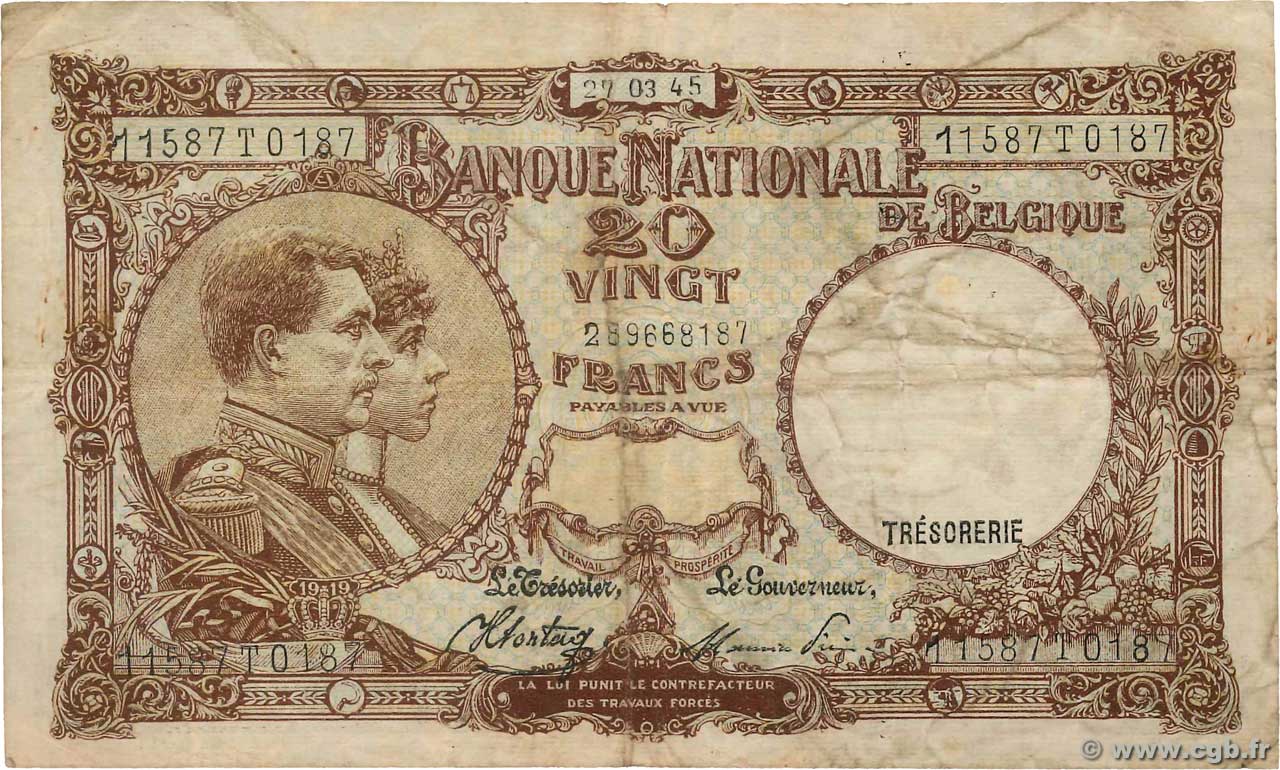20 Francs BELGIEN  1945 P.111 fS