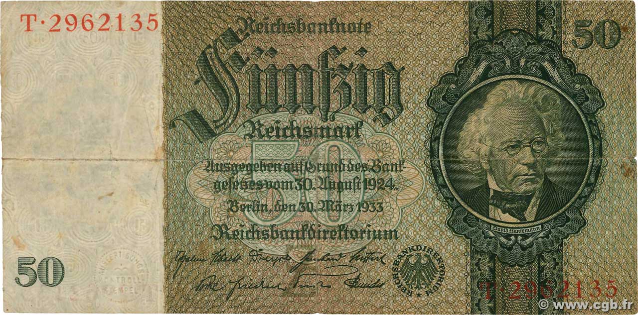 50 Reichsmark ALEMANIA  1933 P.182a BC