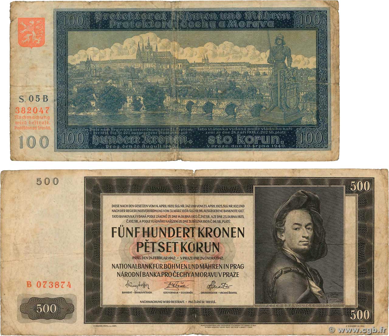 100 et 500 Korun Lot BöHMEN UND Mähren  1940 P.06a et P.11a SGE