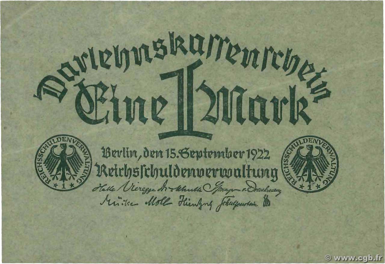 1 Mark DEUTSCHLAND  1922 P.061a fVZ