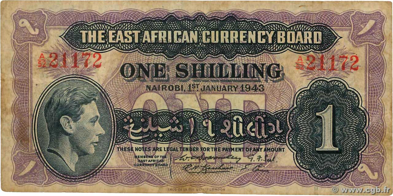 1 Shilling ÁFRICA ORIENTAL BRITÁNICA  1943 P.27 RC+