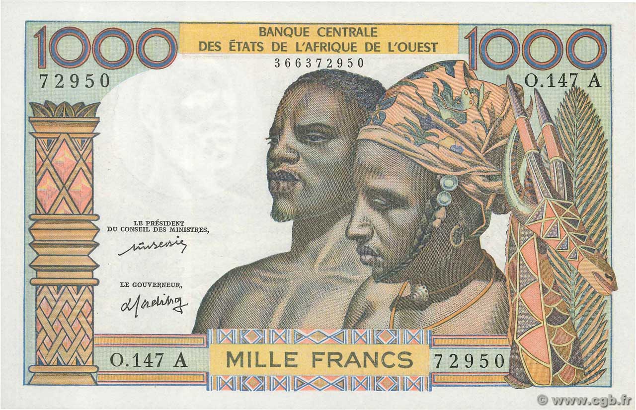 1000 Francs STATI AMERICANI AFRICANI  1977 P.103Al AU+