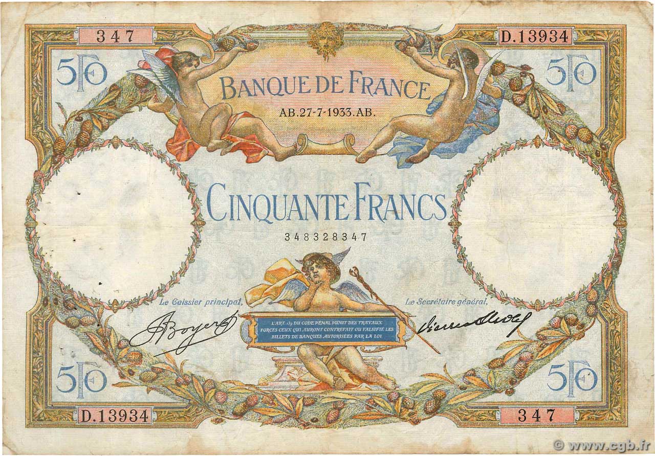 50 Francs LUC OLIVIER MERSON type modifié FRANCIA  1933 F.16.04 RC+