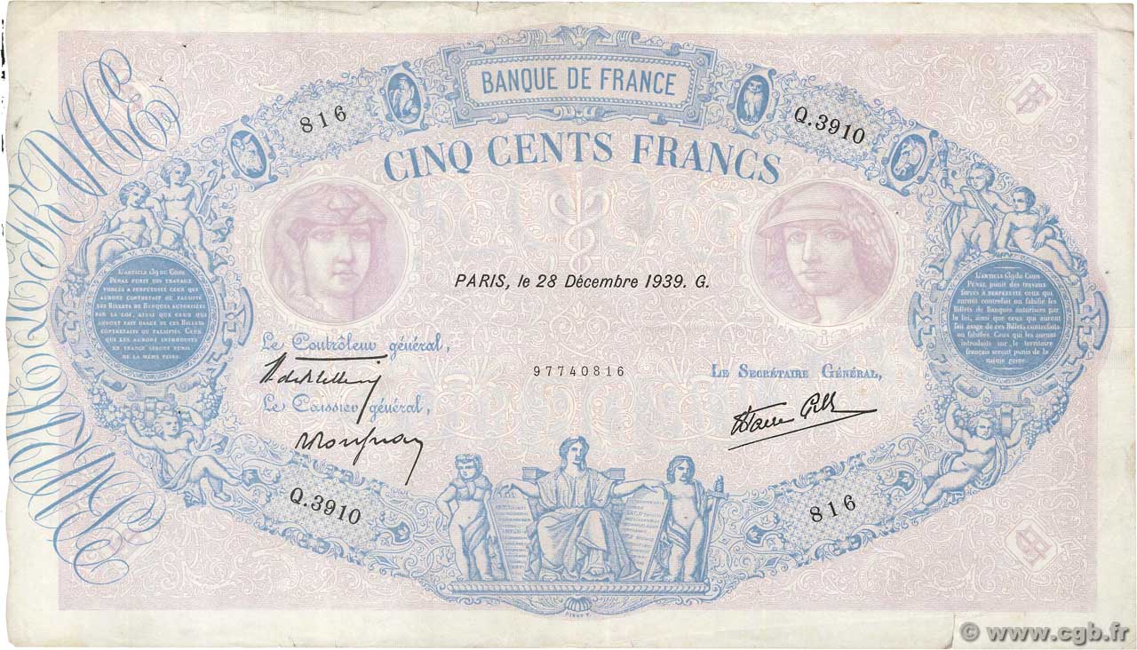 500 Francs BLEU ET ROSE modifié FRANCIA  1939 F.31.54 BC+