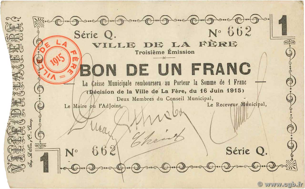 1 Franc FRANCE Regionalismus und verschiedenen La Fere 1915 JP.02-0800 VZ