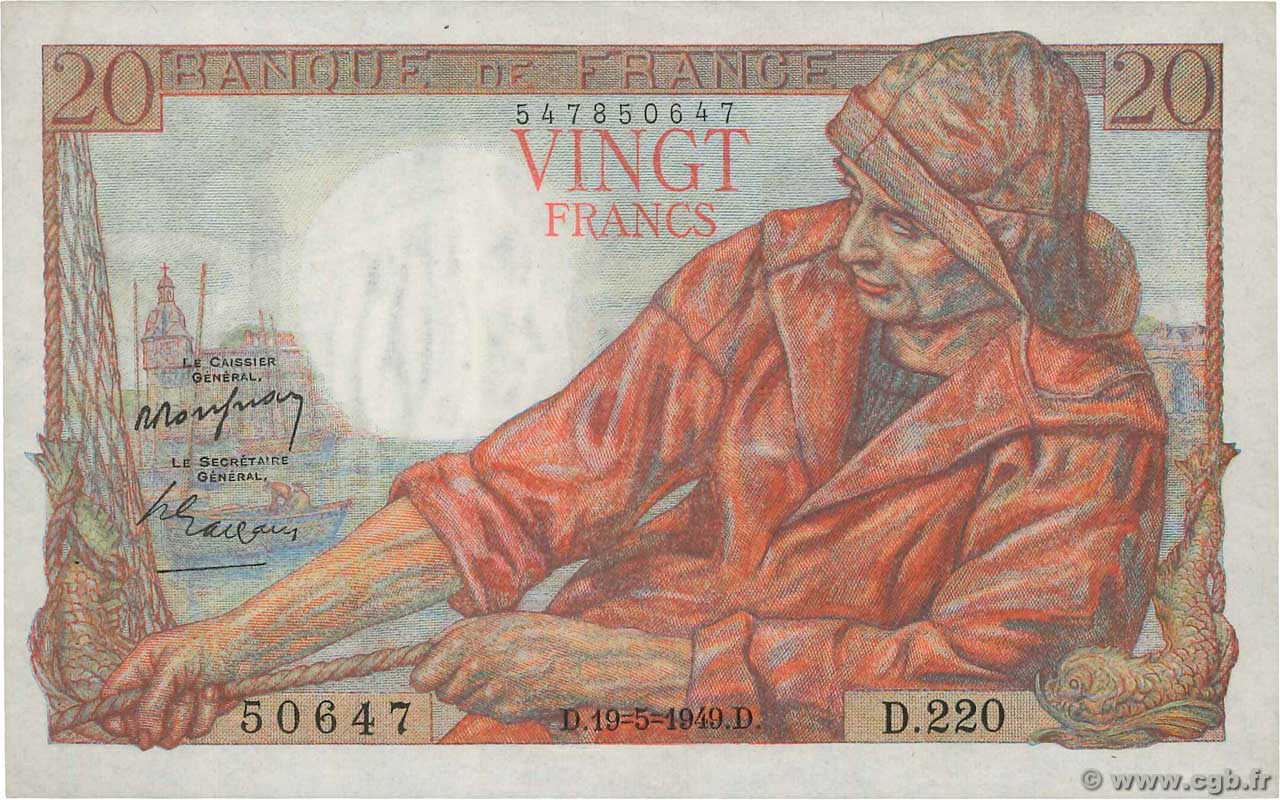 20 Francs PÊCHEUR FRANCE  1949 F.13.15 pr.TTB