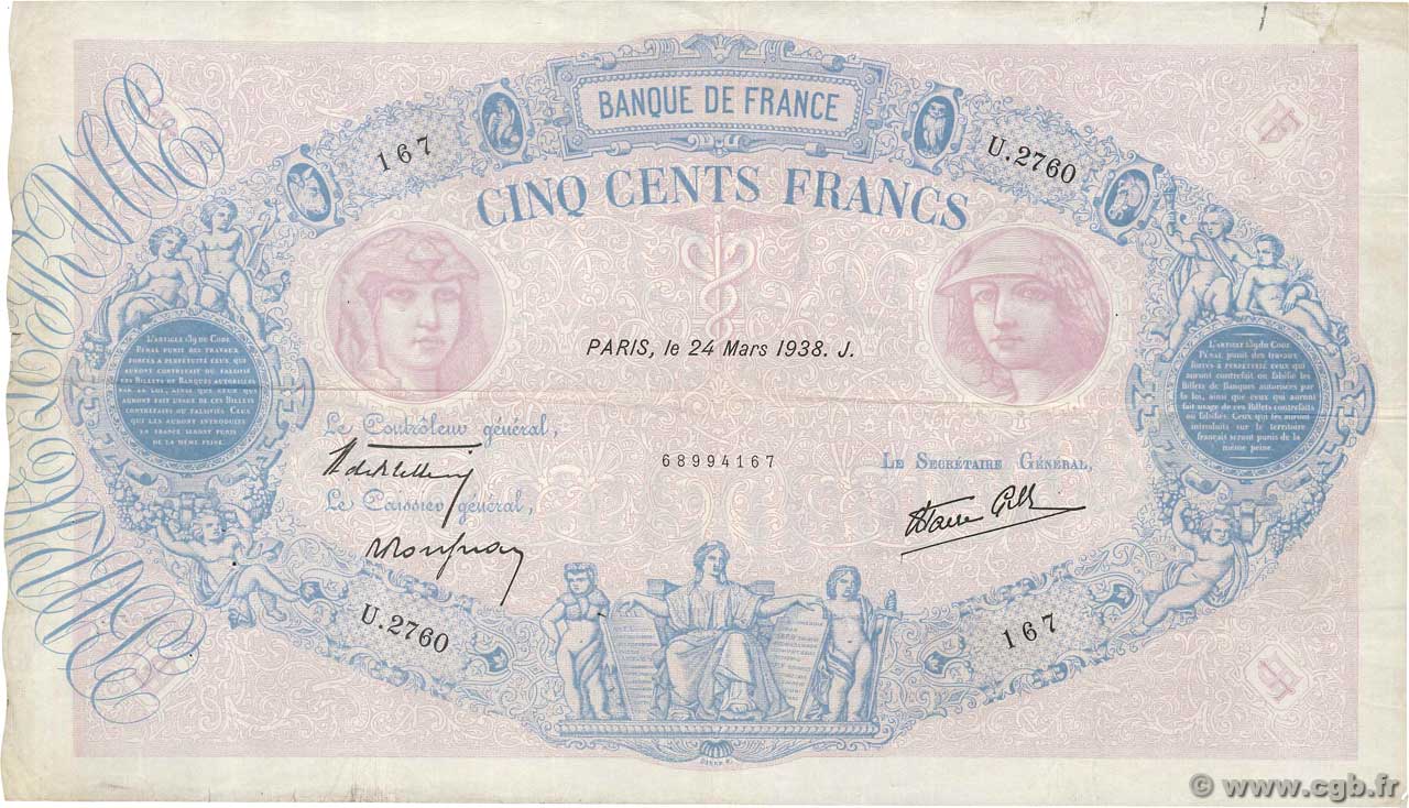 500 Francs BLEU ET ROSE modifié FRANCE  1938 F.31.06 TB+