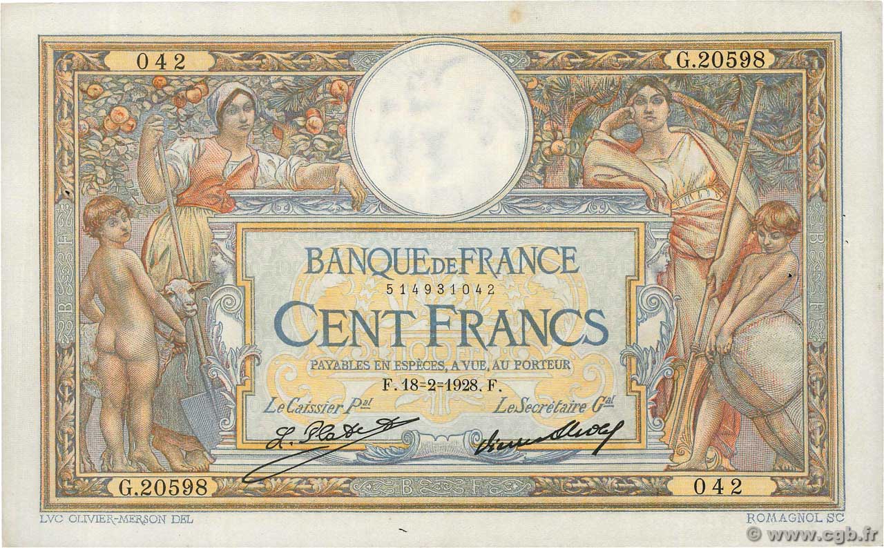 100 Francs LUC OLIVIER MERSON grands cartouches FRANCE  1928 F.24.07 VF-
