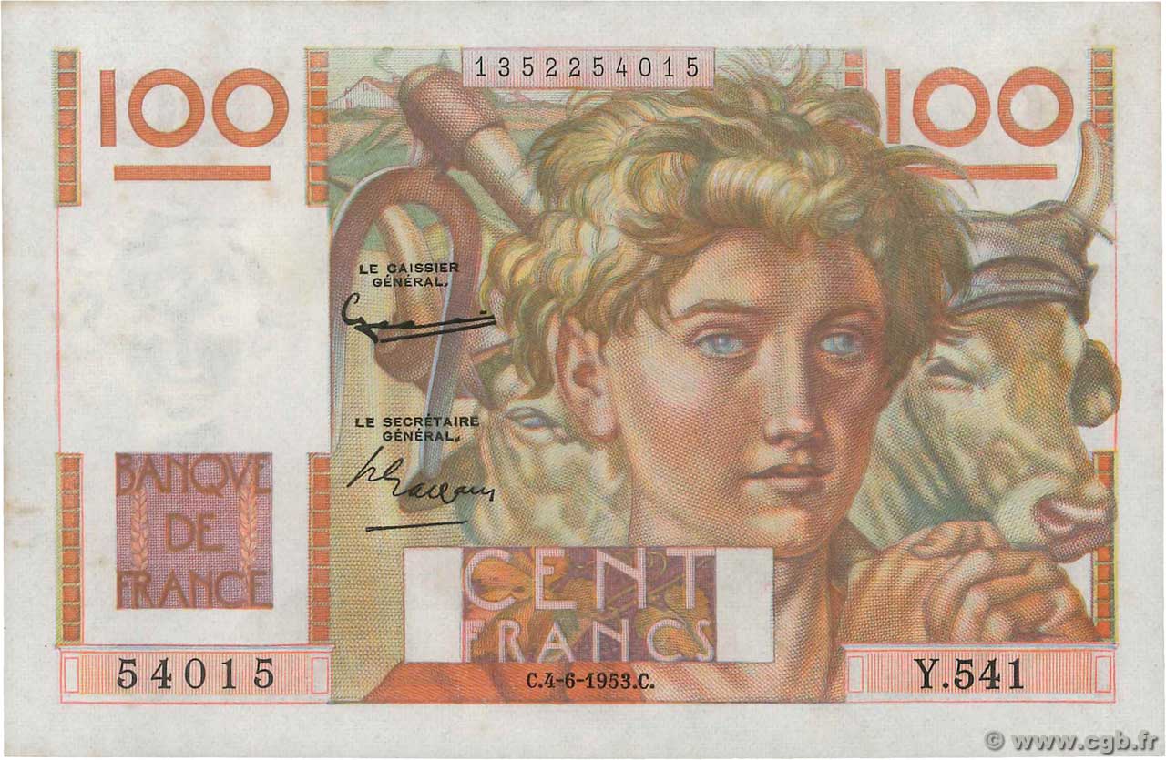 100 Francs JEUNE PAYSAN FRANCE  1953 F.28.37 SPL