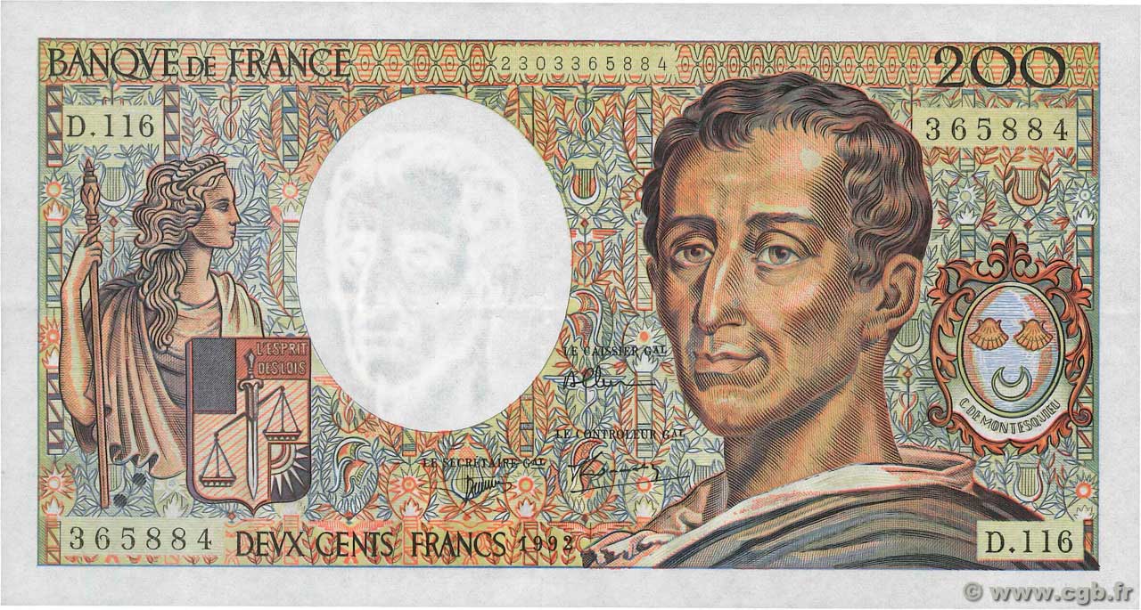 200 Francs MONTESQUIEU FRANCE  1992 F.70.12b VF+