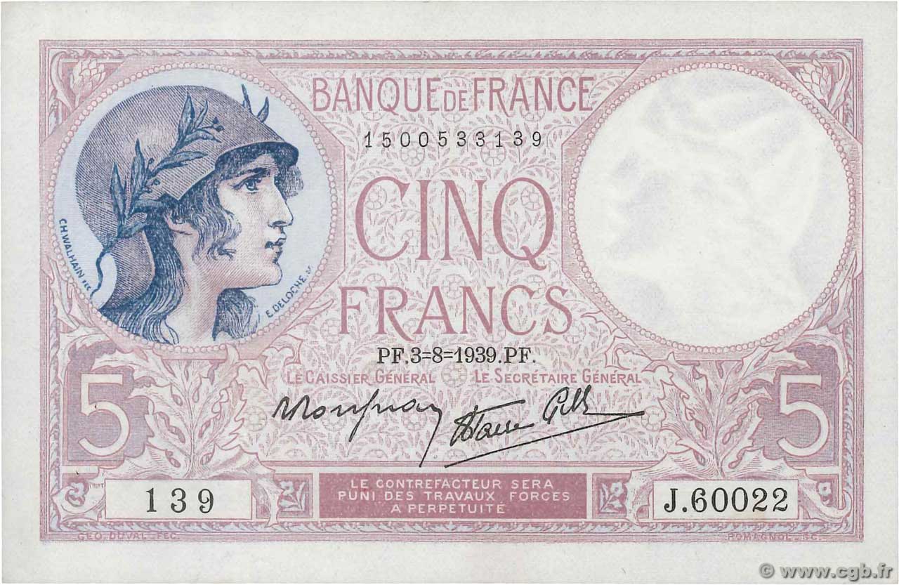 5 Francs FEMME CASQUÉE modifié FRANCE  1939 F.04.04 XF-