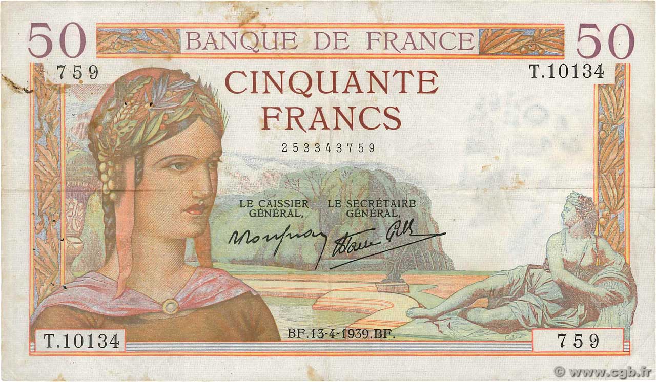 50 Francs CÉRÈS modifié FRANCE  1939 F.18.25 F+