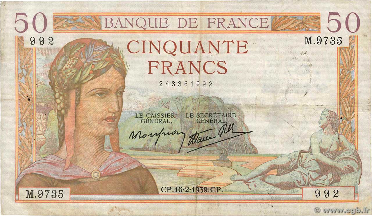 50 Francs CÉRÈS modifié FRANCE  1939 F.18.22 TB