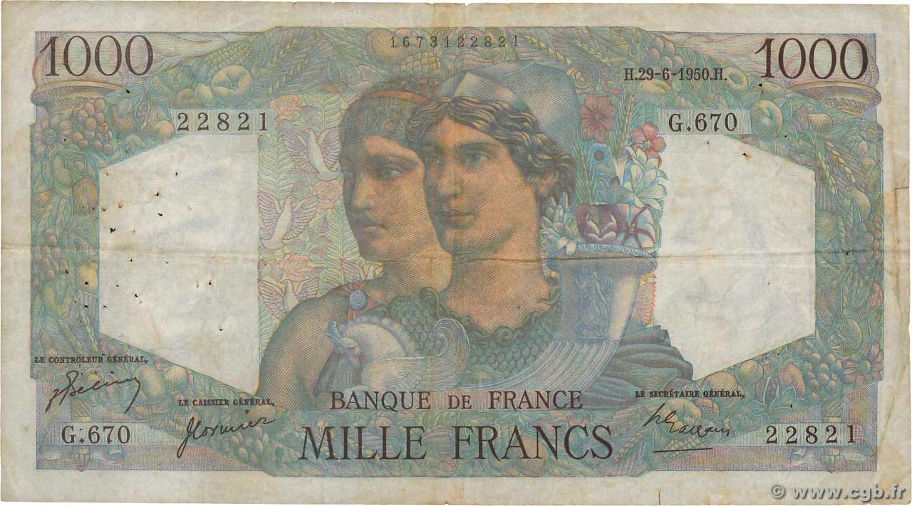 1000 Francs MINERVE ET HERCULE FRANKREICH  1950 F.41.33 fS