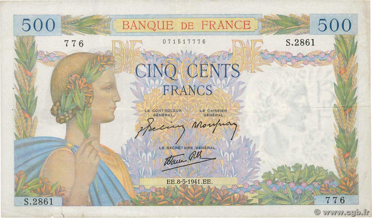 500 Francs LA PAIX FRANKREICH  1941 F.32.16 fSS