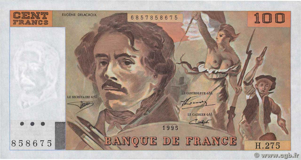 100 Francs DELACROIX 442-1 & 442-2 FRANCE  1995 F.69ter.02b VF