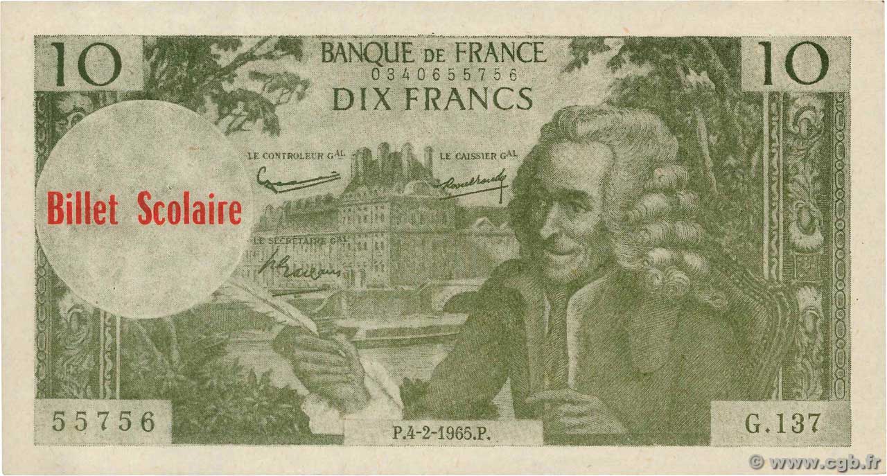 10 Francs Voltaire Scolaire FRANCE regionalismo e varie  1965 F.(62) SPL