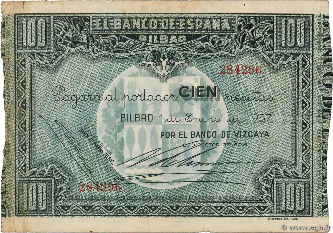 100 Pesetas ESPAGNE Bilbao 1937 PS.565f TB