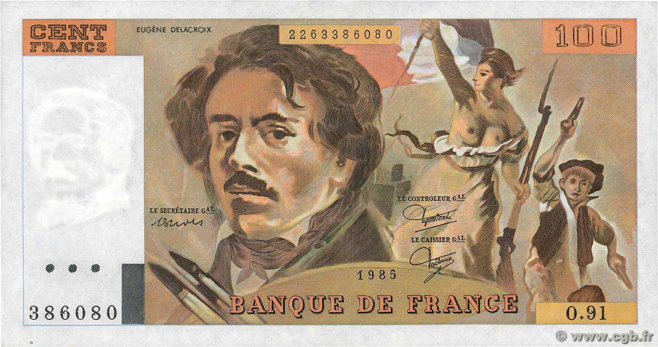 100 Francs DELACROIX modifié FRANCE  1985 F.69.09 XF-