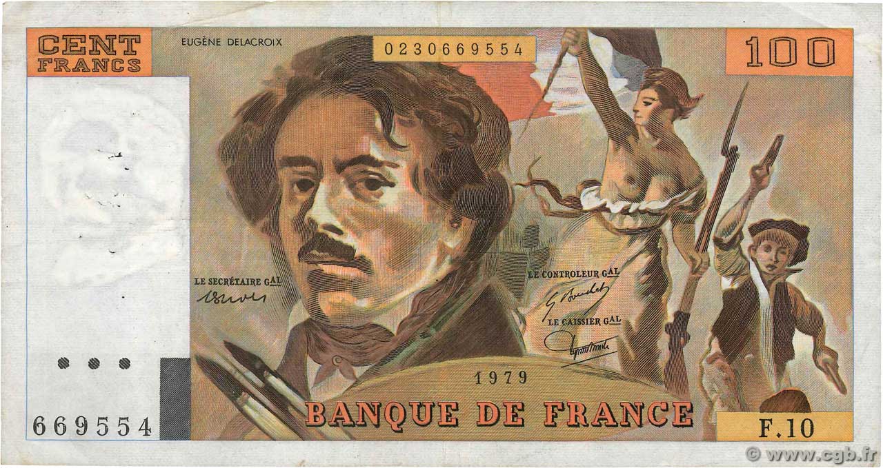 100 Francs DELACROIX modifié FRANCE  1979 F.69.02a TB