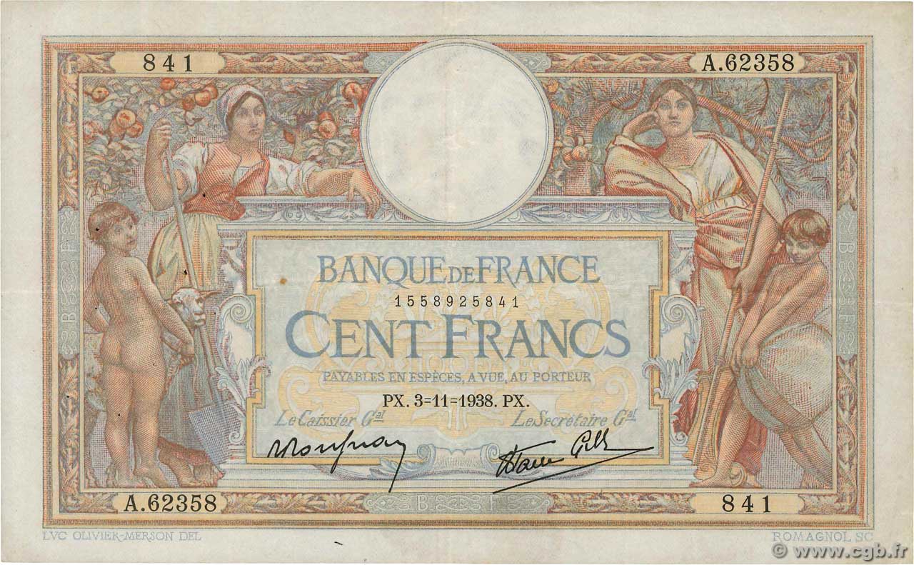 100 Francs LUC OLIVIER MERSON type modifié FRANCE  1938 F.25.34 pr.TTB