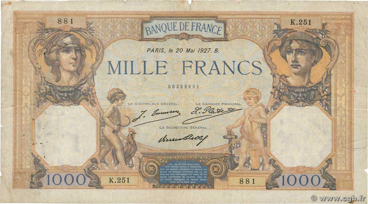 1000 Francs CÉRÈS ET MERCURE FRANKREICH  1927 F.37.01 SGE
