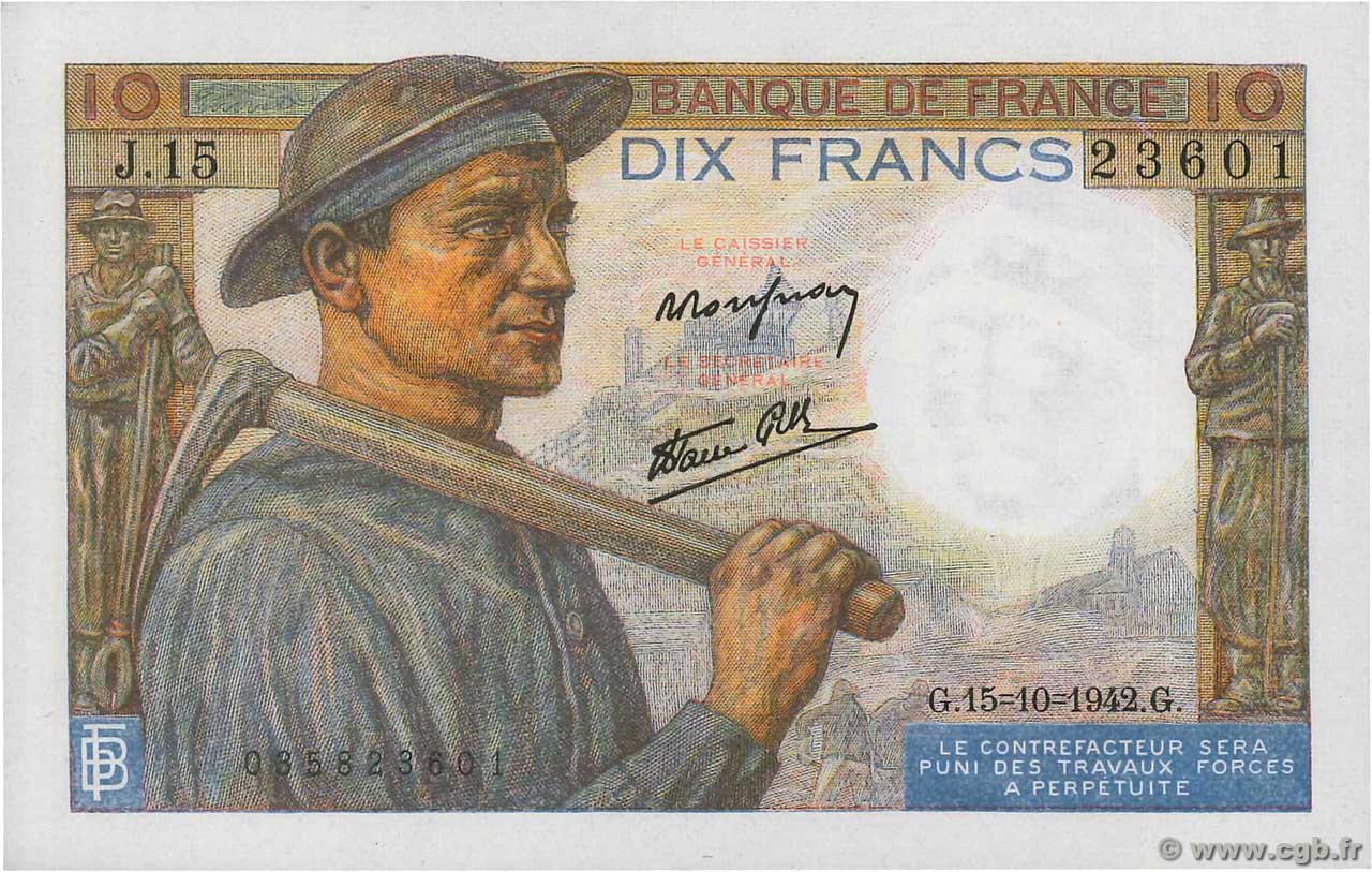 10 Francs MINEUR FRANCIA  1942 F.08.04 q.FDC