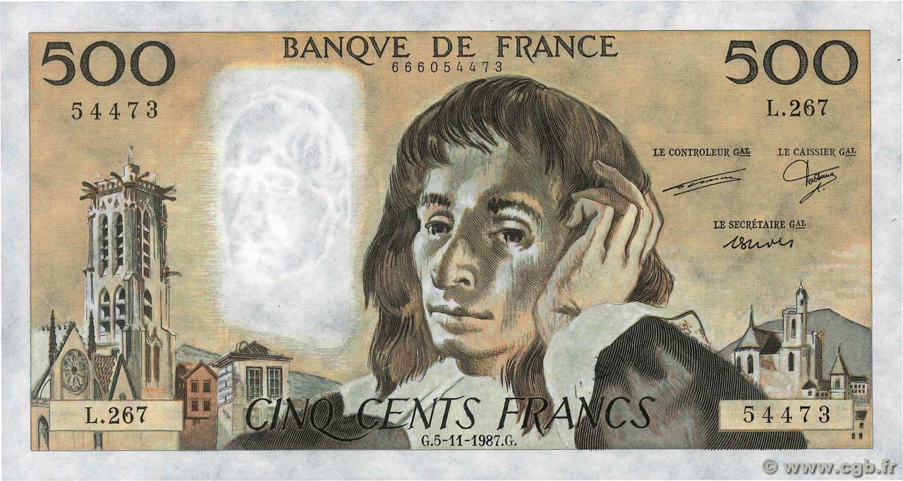 500 Francs PASCAL FRANKREICH  1987 F.71.37 fST+