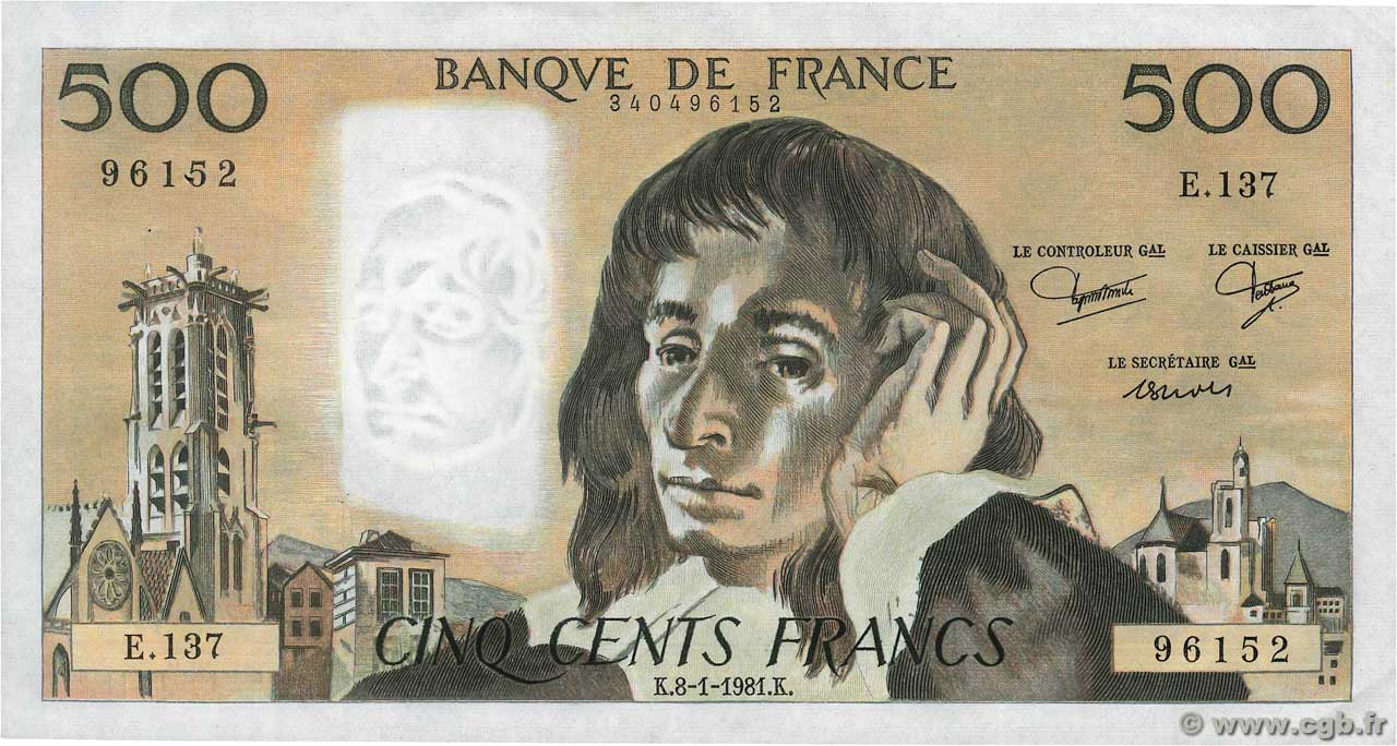 500 Francs PASCAL FRANKREICH  1981 F.71.23 fVZ