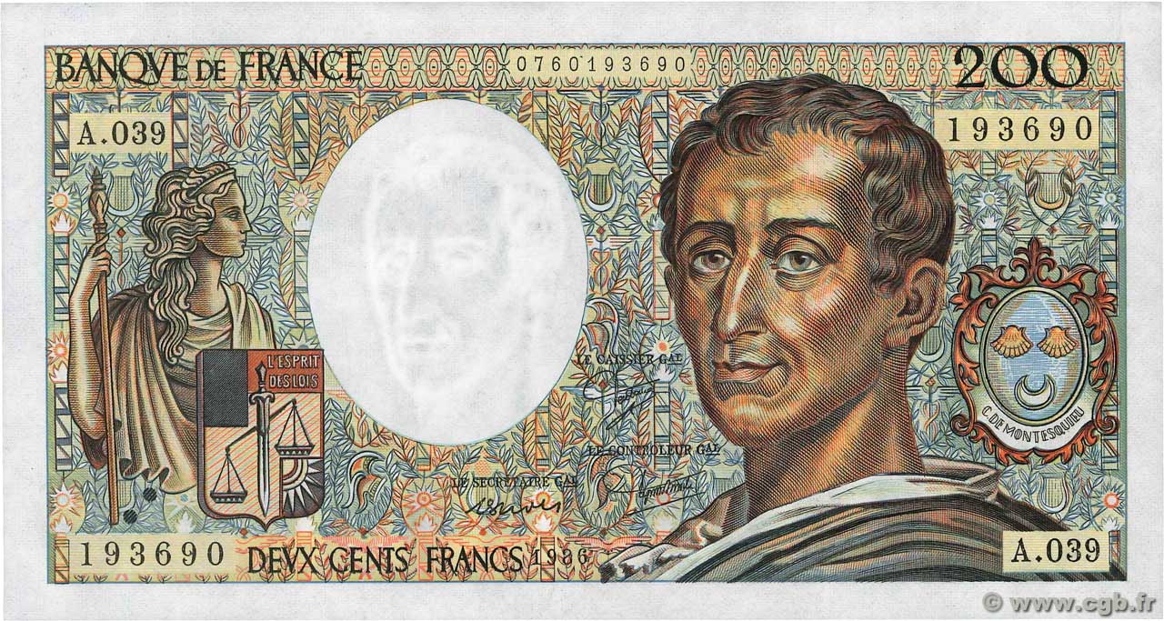 200 Francs MONTESQUIEU FRANCE  1986 F.70.06 VF+