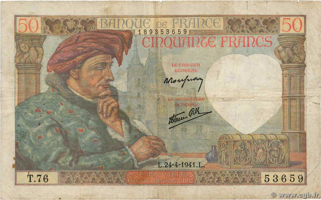 50 Francs JACQUES CŒUR FRANCIA  1941 F.19.09 q.MB
