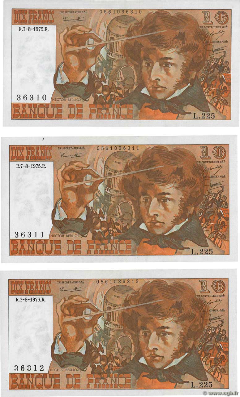 10 Francs BERLIOZ Consécutifs FRANCE  1975 F.63.12 SUP+