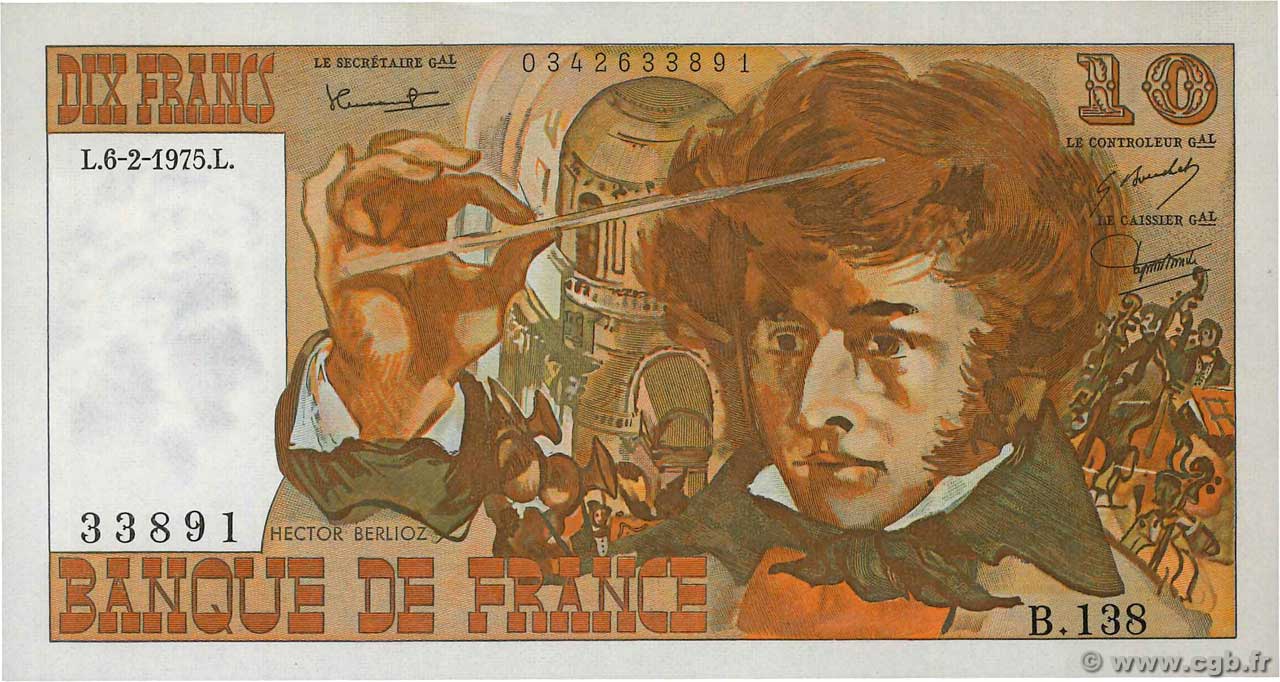 10 Francs BERLIOZ FRANCIA  1975 F.63.08 AU