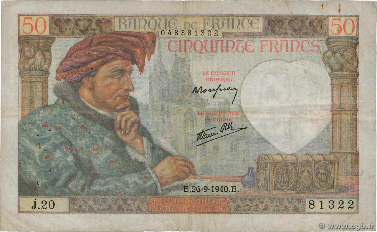 50 Francs JACQUES CŒUR FRANCE  1940 F.19.03 TB