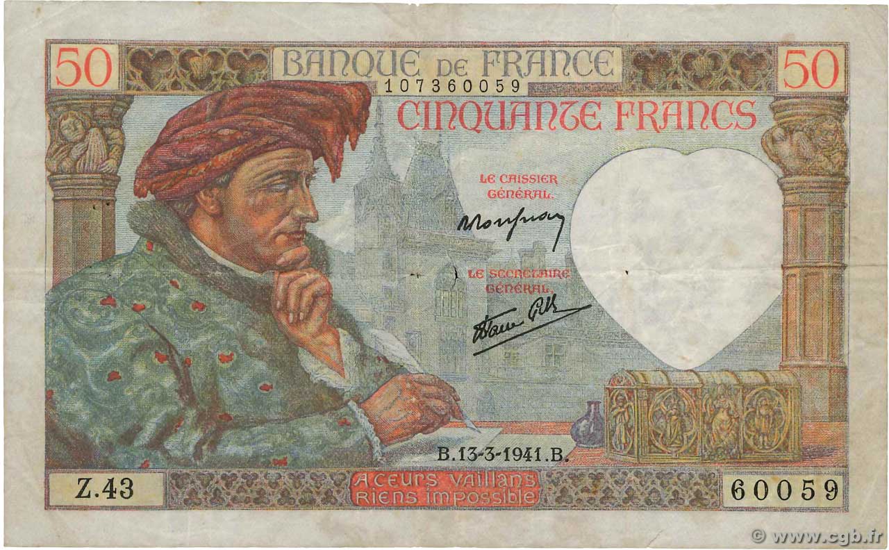 50 Francs JACQUES CŒUR FRANCE  1941 F.19.07 pr.TB