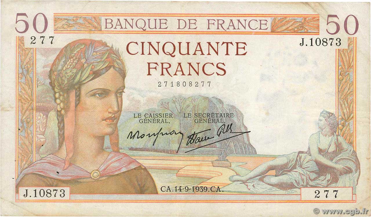 50 Francs CÉRÈS modifié FRANCIA  1939 F.18.30 MB