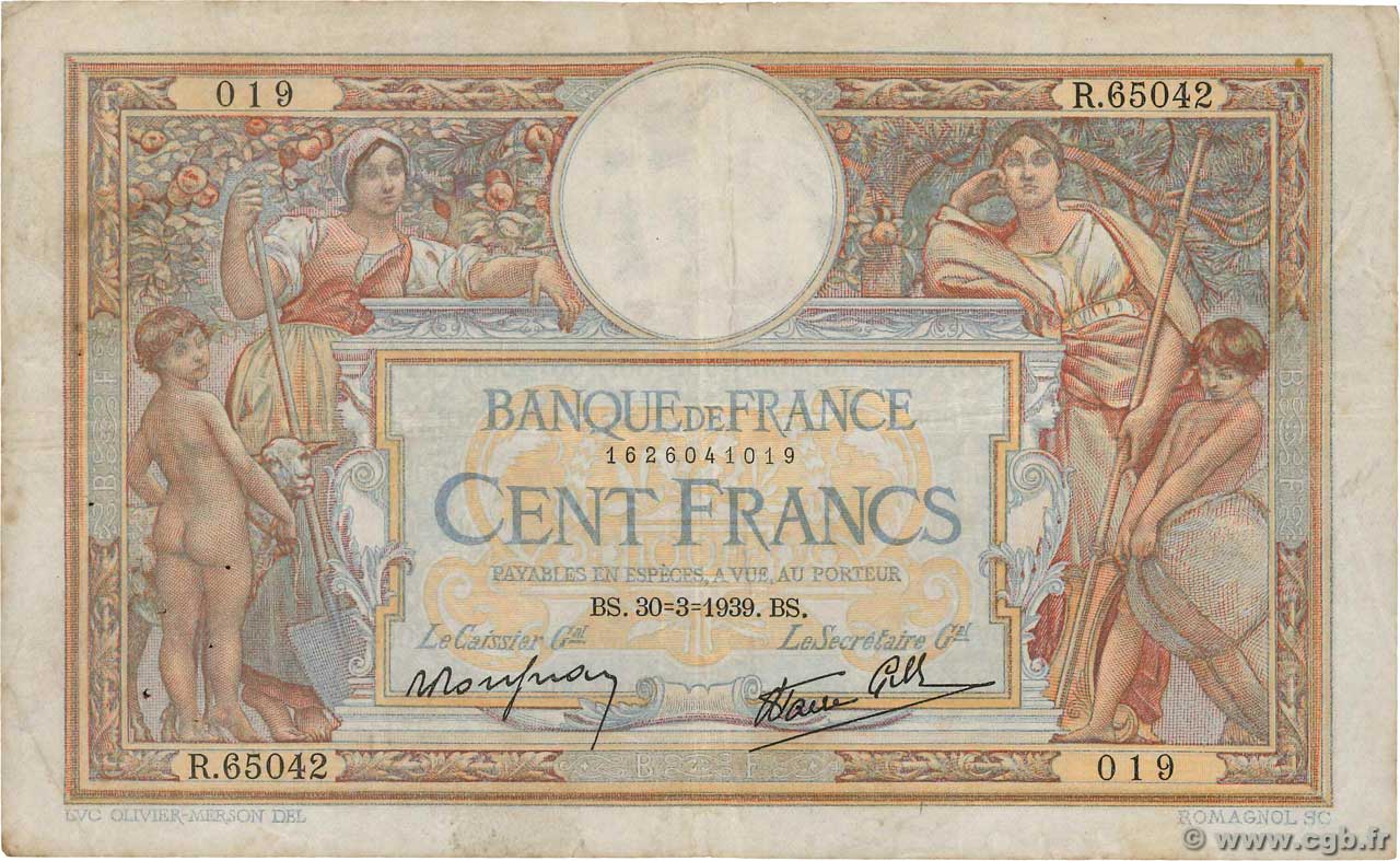 100 Francs LUC OLIVIER MERSON type modifié FRANCIA  1939 F.25.44 BC