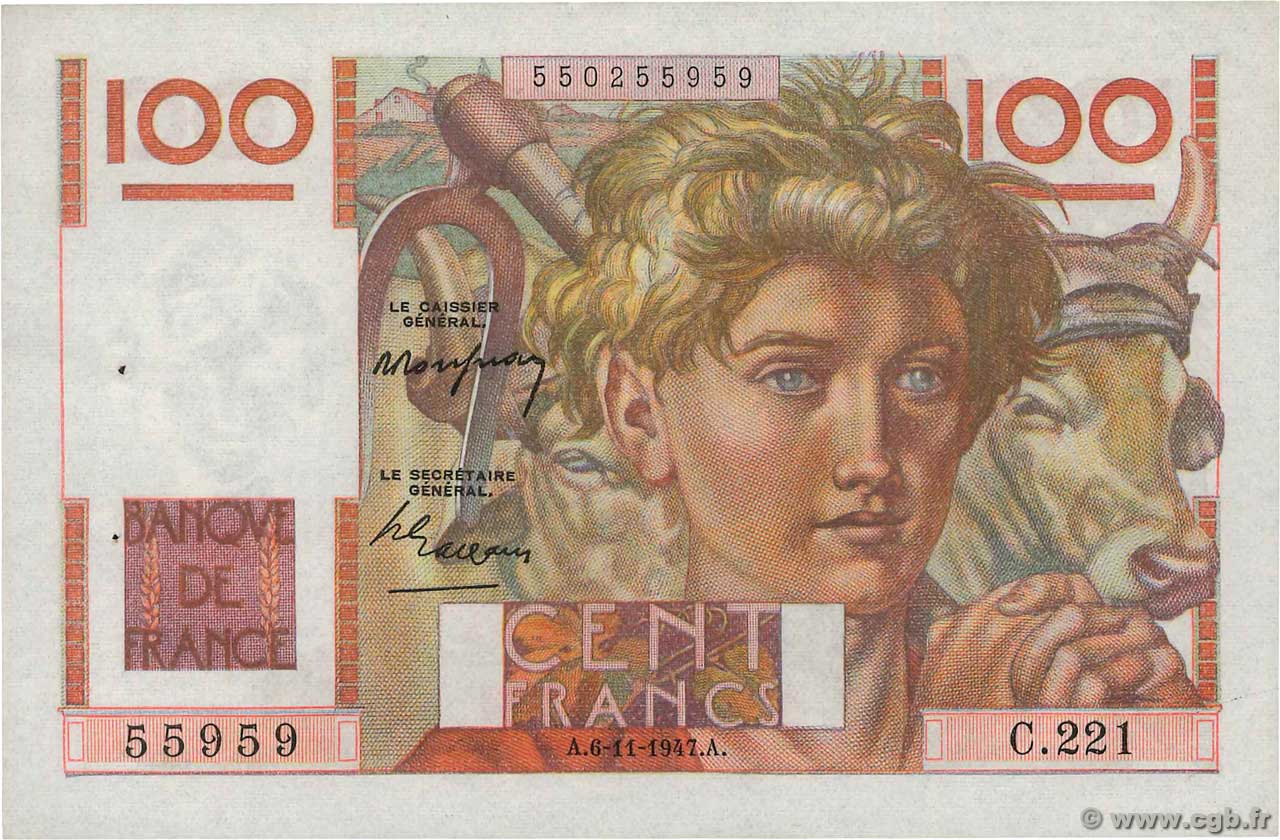 100 Francs JEUNE PAYSAN FRANCE  1947 F.28.16 SUP+