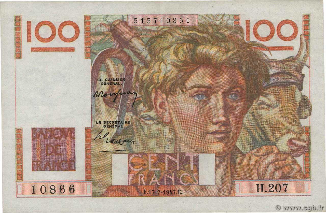 100 Francs JEUNE PAYSAN FRANCE  1947 F.28.15 VF+