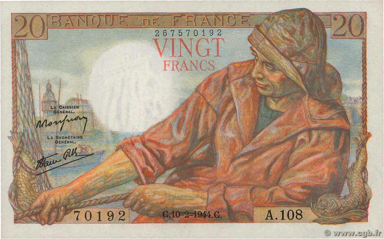 20 Francs PÊCHEUR FRANCE  1944 F.13.08 pr.NEUF