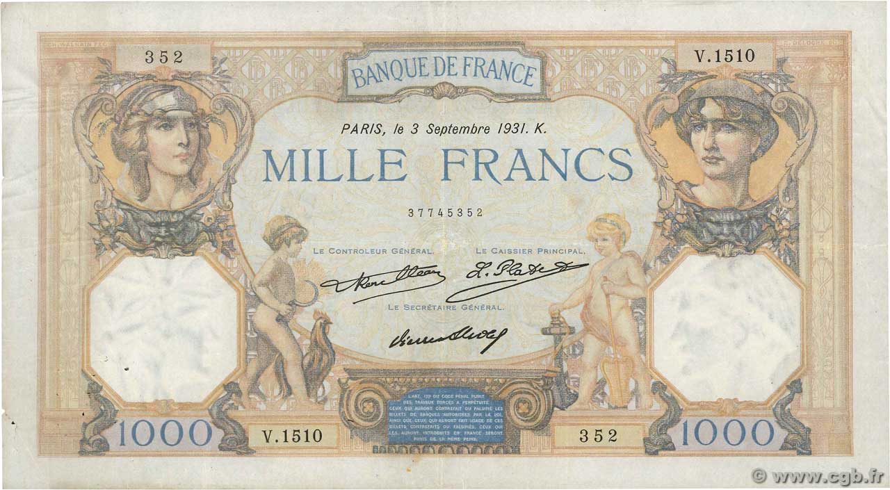 1000 Francs CÉRÈS ET MERCURE FRANCE  1931 F.37.06 TB