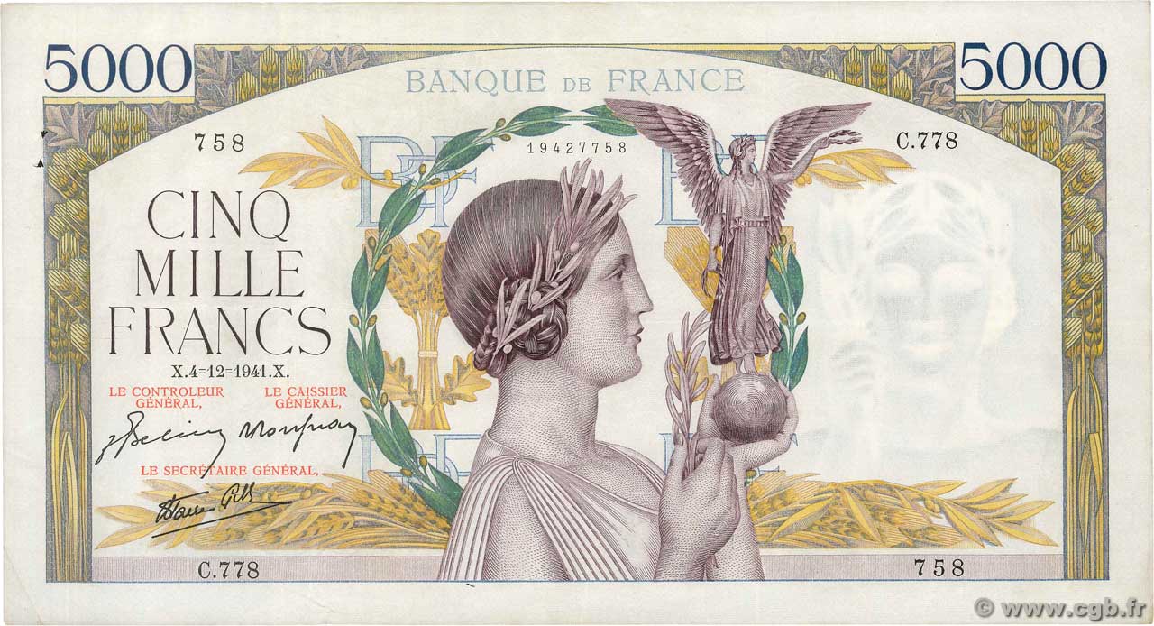 5000 Francs VICTOIRE Impression à plat FRANCE  1941 F.46.30 pr.TTB