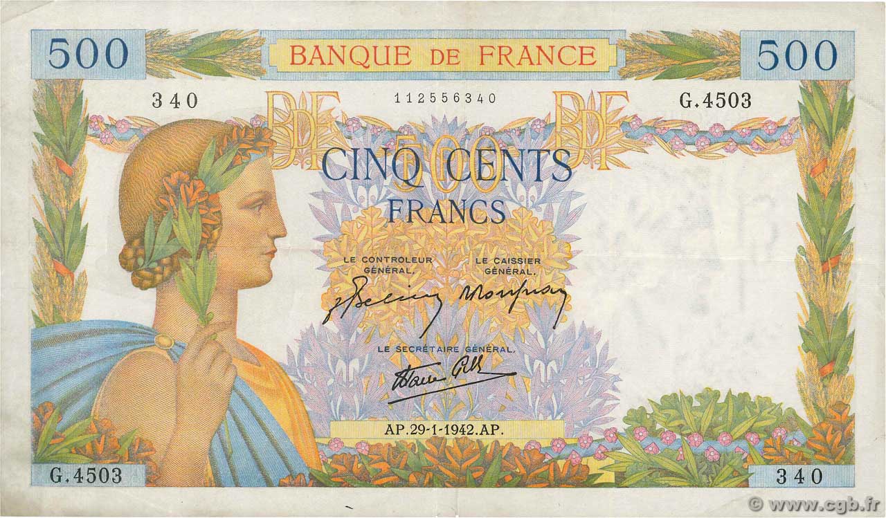500 Francs LA PAIX FRANCE  1942 F.32.28 TTB